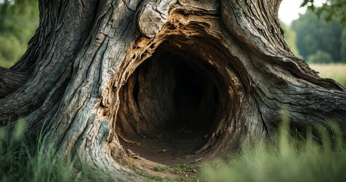 Cave, opening in a weathered gnarled tree, shelter for animals