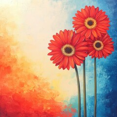Three vibrant red gerbera daisies stand against an abstract background