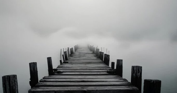 Incredible ancient forsaken wooden jetty captured in minimalist high key, black and white fine art photography. (blurry soft focus noise grain visible full resolution)
