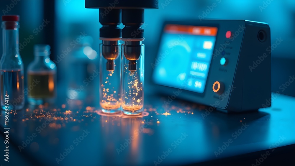 Poster modern science lab equipment analyzing samples with futuristic digital interface and glowing particl