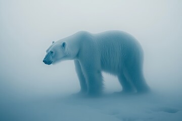 Fototapeta premium Majestic Polar Bear Wandering Through Misty Arctic Landscape in Soft Blue Tones