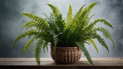 Obraz premium Boston fern growing in wicker basket on wooden table with misty background