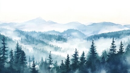 Obraz premium Watercolor Mountains and Misty Forest - Serene watercolor landscape depicting a misty forest nestled in rolling mountains, symbolizing tranquility, mystery, nature's beauty, serenity, and escape