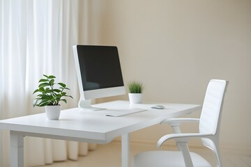 Elegant and Contemporary Office Desk Setup with White Furniture, Stylish Chair, and Minimalist Decor
