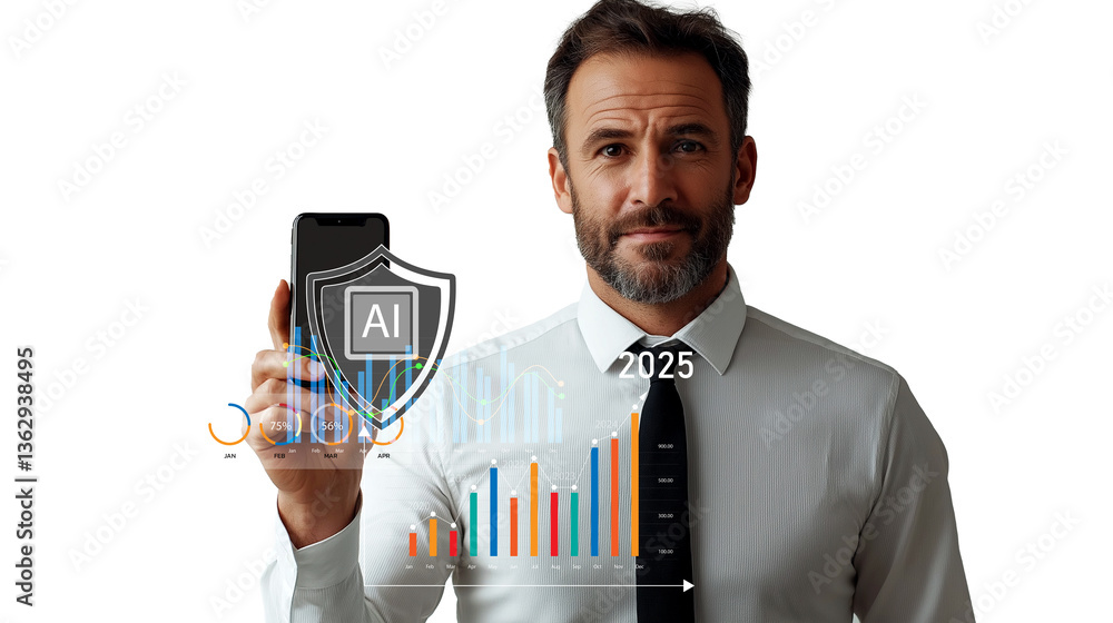 Poster a modern entrepreneur confidently presents a smart device displaying an ai-powered security shield a