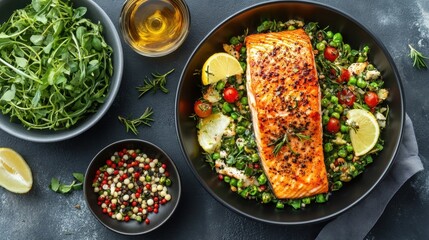 Grilled Salmon Fillet with Fresh Pea Salad and Lemon Wedge on Dark Plate Culinary Still Life