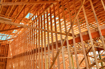 Interior of wood frame commercial building under construction.