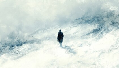 Solitary figure traversing a desolate, wintery expanse in a painterly style