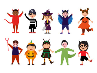 Naklejka premium cute kids halloween costume set cartoon dressed up children bundle funny halloween costumes collection illustration clipart