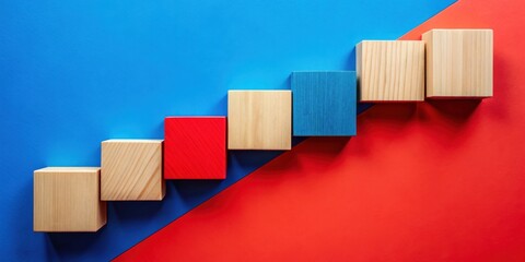 Colorful Wooden Blocks Arranged in Ascending Order on a Blue and Red Background