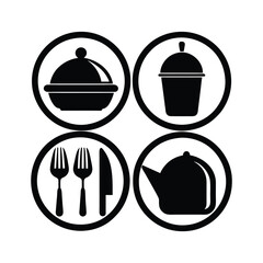 Vector restaurant menu icons set with kitchen utensils and food silhouettes