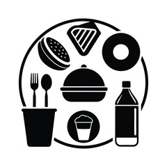 Vector restaurant menu icons set with kitchen utensils and food silhouettes