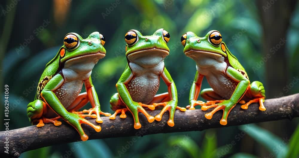 Poster beautiful javan tree frog resting on a branch, with flying frogs arranged on the bridge.