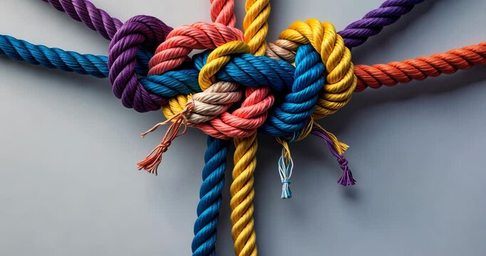 Broken team and split Industry partnership and fragmented teamwork idea as a small business metaphor for disbanding a large team represented by diverse ropes intertwined as a corporate symbol.