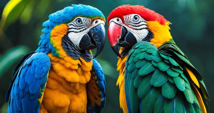 Blue and Gold Macaw or Green Winged Macaw adorable pets vibrant birds, Stunning wildlife nature closeup of a parrot's face features red and yellow against a green backdrop.