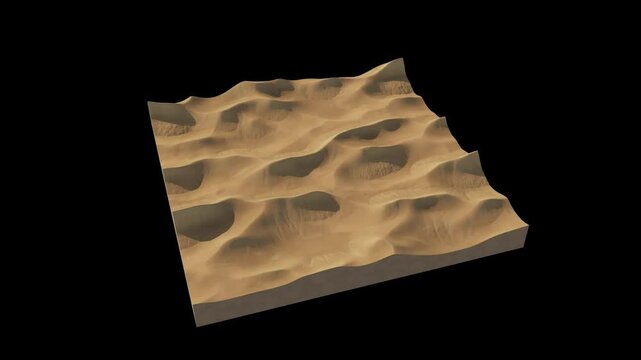 Model of desert dunes. Wind sculpts sand into features like barchans, transverse dunes, and linear ridges. Seamless loop. 3D rendering. Black background.