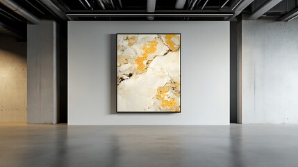 Abstract Gold and White Art Print in Modern Gallery Setting AI Generated