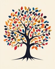 Artistic tree illustration with vibrant colorful leaves against a neutral background in a modern flat style