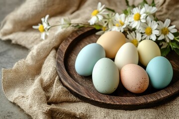Happy Easter Sunday background, close up of Easter eggs arranged in a delicate circle on a rustic wooden tray, sitting atop a natural burlap fabric, with a few spring flowers scattered around