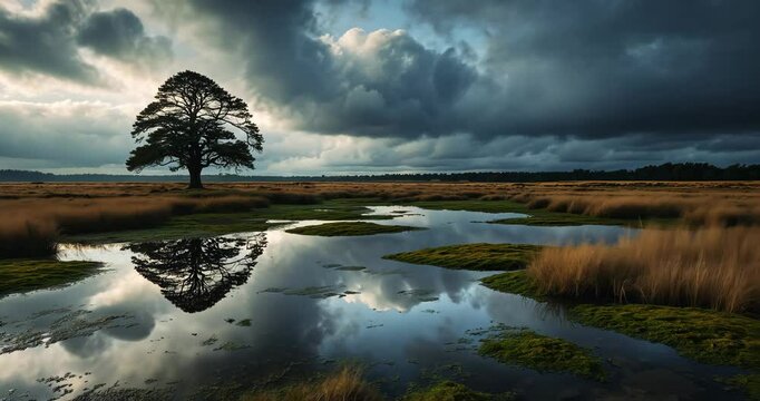 Beautiful heathland scenery featuring lovely cloudy skies and a vibrant landscape.