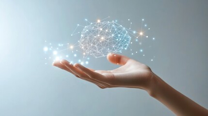 A hand reaching for a neural network AI symbol, depicted in a technological layout against a white background. Represents artificial intelligence and machine learning. 