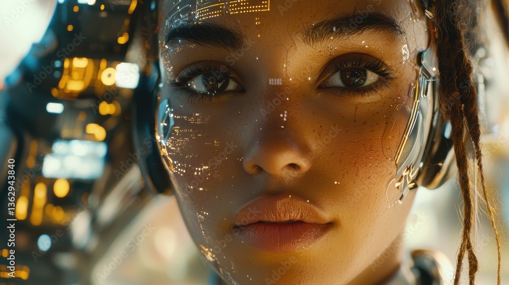 Poster futuristic human with high-tech interface showcasing ai language model adaptability and innovation