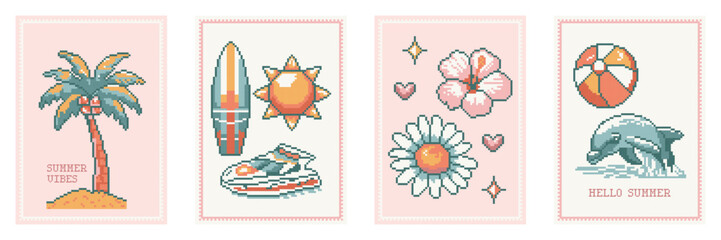 Summer and beach vintage poster or card set style of pixel art. Modern abstract prints dolphin, palm tree, sun, surfboard, hibiscus. Vector illustration.