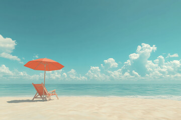 Fototapeta premium A beach chair with an umbrella on sand.