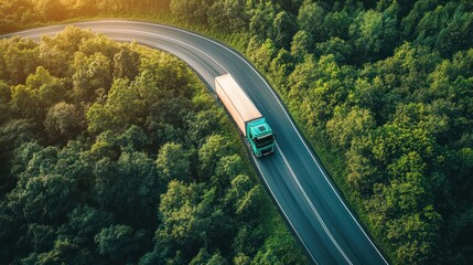 A large green semi truck travels on a curved forest road