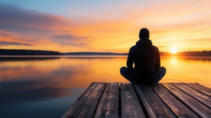 A person meditating on a dock at sunset over a tranquil lake.