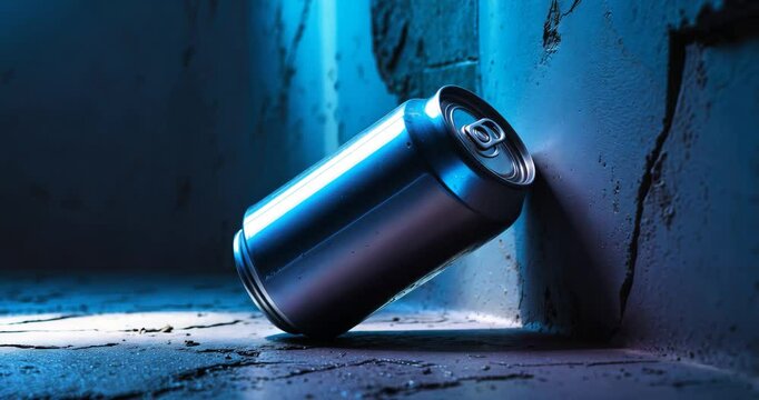 Aluminum can positioned on a textured surface illuminated by neon blue light, producing a visually captivating image.