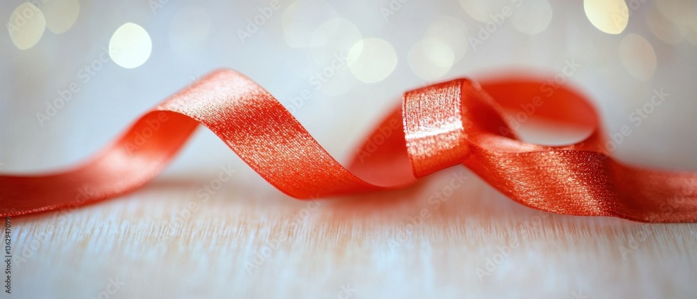 Poster elegant red ribbon on soft white surface with bokeh lights creating a festive and celebratory atmosp