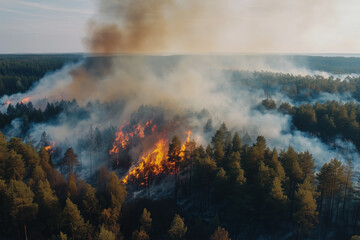 Forest fire spreads rapidly across dense woodland area