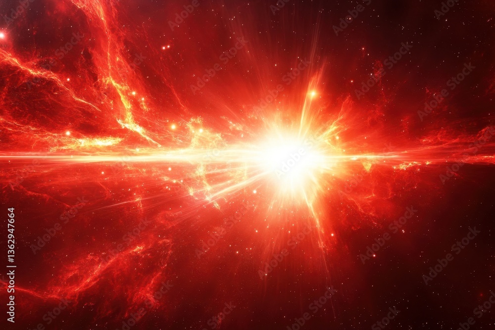 Poster fiery cosmic explosion in deep space with vibrant red nebula and bright starburst creating celestial