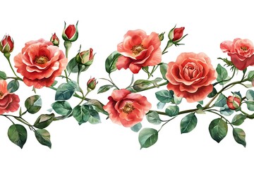 Seamless Watercolor Red Rose Pattern with Blooming Roses & Green Leaves on White Background