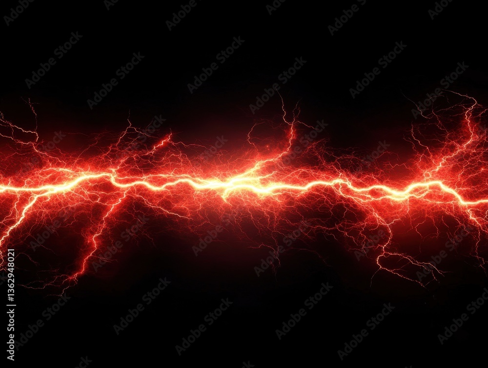 Poster striking red lightning bolt illuminating the dark sky emitting intense energy and power creating a d