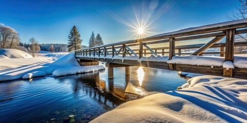 Serene winter landscape featuring a snow-covered wooden footbridge spanning a tranquil stream, bathed in the warm glow of a winter sun.