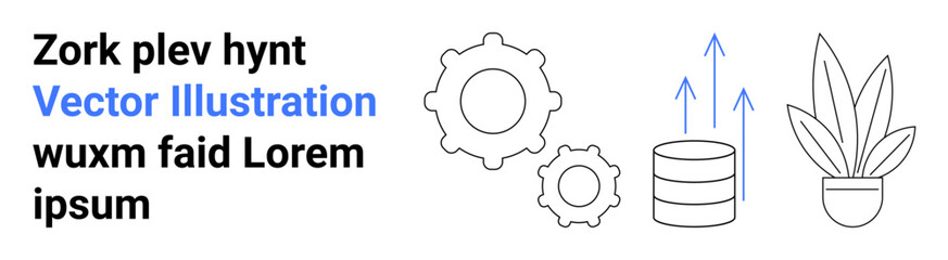 Gears and database emphasizing growth dynamics with upward arrows and a plant. Ideal for technology, data analytics, growth, development, productivity, innovation. Versatile flat landing page banner