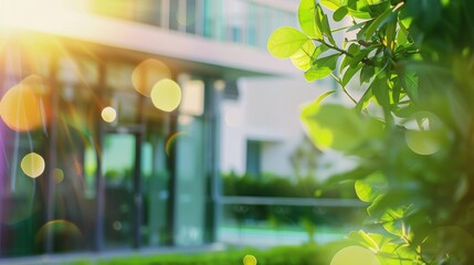 Blurred outdoor building office garden green sustainability backgrounds bush leaf leaves environment nature wild forest city portrait headshot bokeh sunlight commercial.