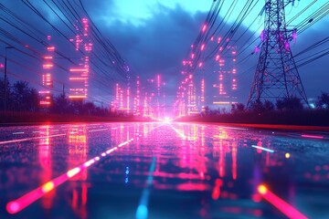 Fototapeta premium Electric Gridscape Power Lines & Tower with Vivid Neon Reflection on Wet Asphalt