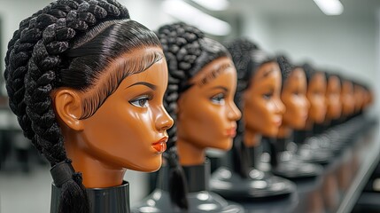 Mannequins wearing braided wigs in beauty salon displaying modern hairstyles