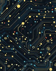 A vibrant circuit board featuring an array of multicolored dots, each representing various electronic components, interconnected by intricate pathways, showcasing a lively tech aesthetic.