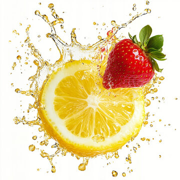 lemon slice and strawberry in water splash