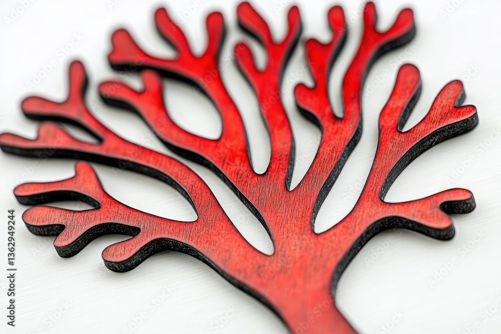 Poster red wooden tree art piece on white background in macro photography with shallow depth of field for a