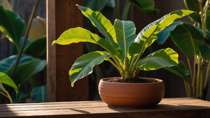 Obraz premium Banana leaf fig plant enjoying sunlight in terracotta pot on wooden table
