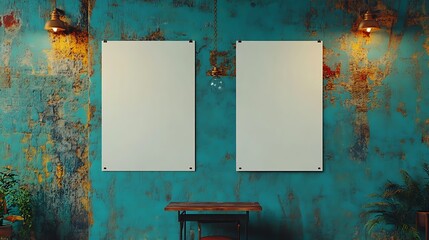 Two Blank Posters on a Teal Industrial Wall: 3D Render AI Generated