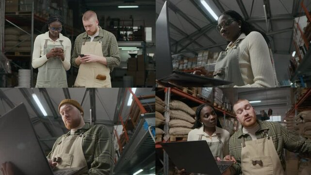 Split screen of two roasters in aprons texting on their smartphones and using laptop in coffee roasting plant
