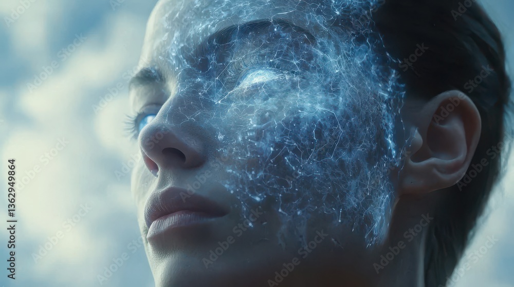 Poster futuristic ai model showcasing language adaptability through intricate facial visualization and ethe