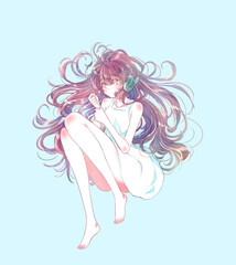 ヘッドホンをして寝転がる女の子