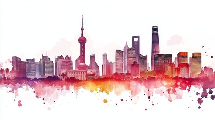 Fototapeta premium Watercolor Shanghai Skyline - A vibrant watercolor painting of Shanghai's iconic skyline, symbolizing modernity, culture, progress, globalization, and beauty